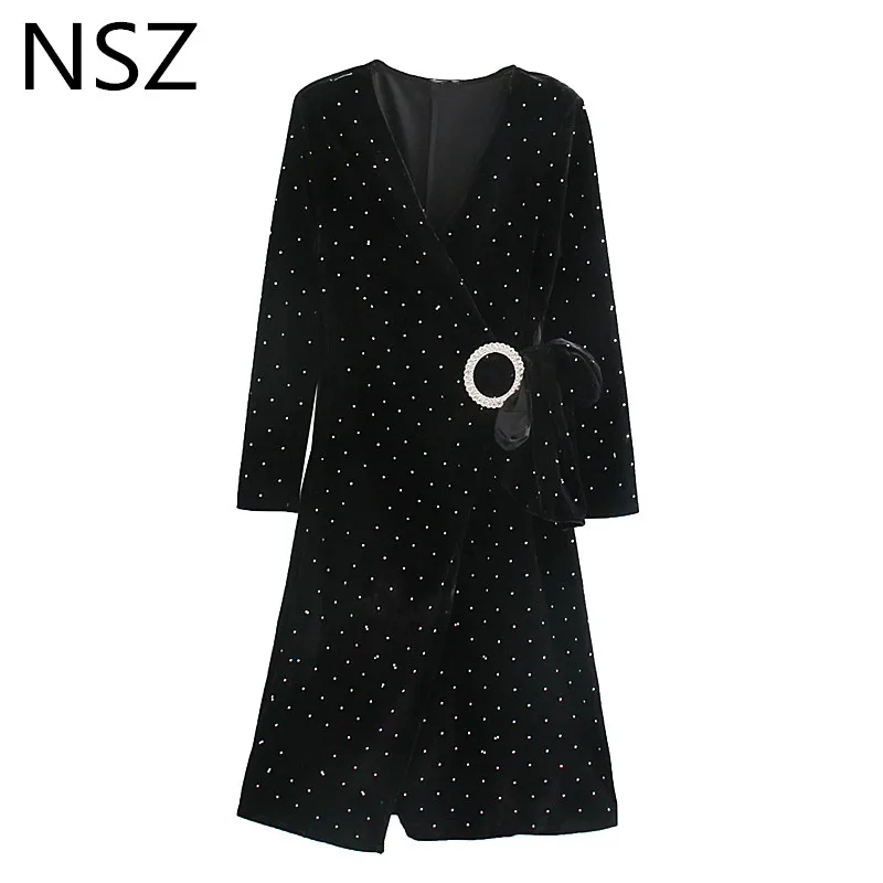 NSZ женское черное бархатное платье с блестками длинным рукавом глубоким v