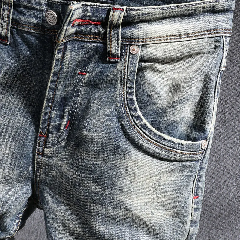 European Vintage Fashion Men Jeans Retro Blue Distressed Washed Elastic Ripped Jeans Men Slim Fit Designer Casual Denim Pants