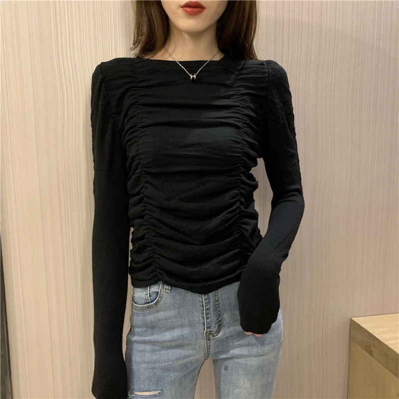 

Round Collar Solid Full Sleeve Cropped Sweaters Pullovers Girls Chic Wrinkled Slim Sweater crop Top For Woman