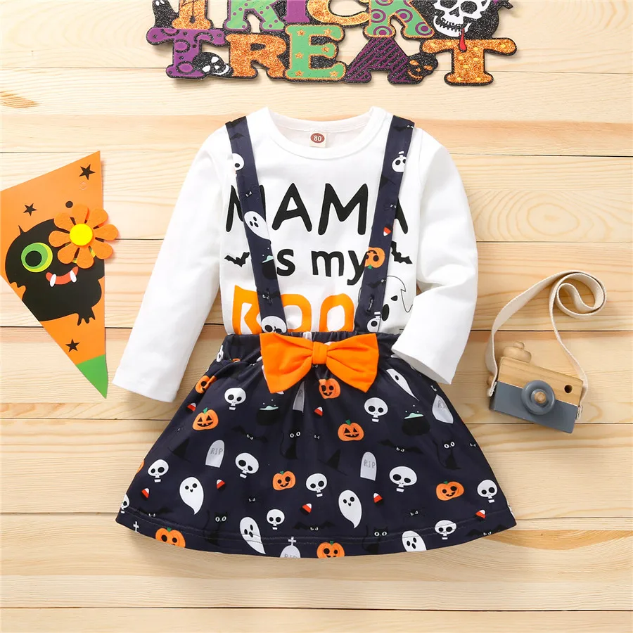 

Halloween Holiday 2 Pieces Kids Suit Set, Infant Toddler Letter Print Long Sleeve Tops+Pumpkin Suspender Skirt Girls Fashion Set