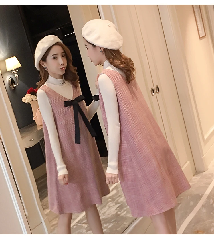 6596# 2PCS/Set Autumn Korean Fashion Maternity Dress Sweet Lovely Straight Loose Clothes for Pregnant Women Fall Pregnancy