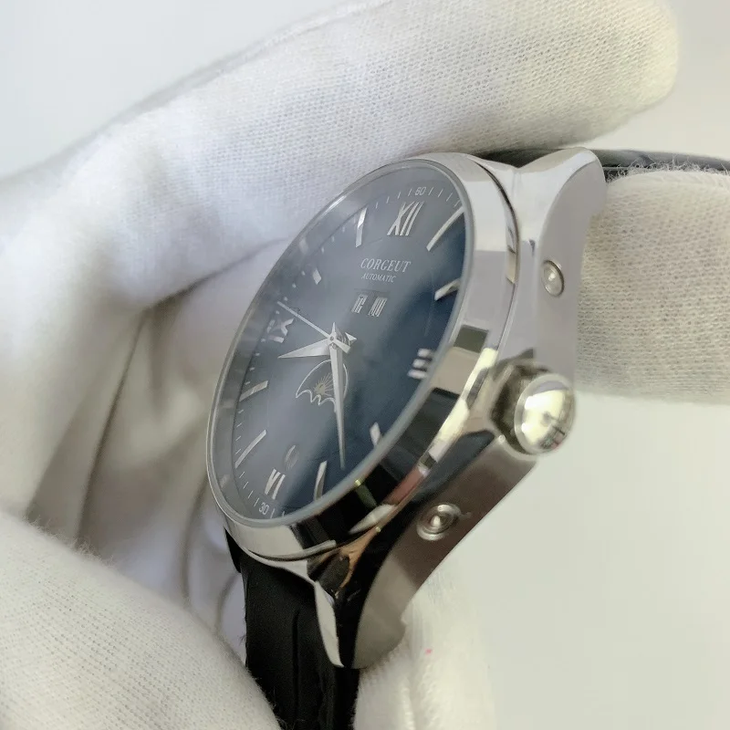 Corgeut 41 мм Moon Phase fashtion автоматические мужские часы Механические наручные