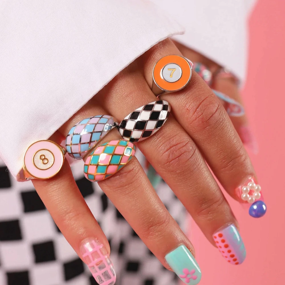 

HangZhi 2021 New Punk Colorful Checkered Geometric Number Poker Rhinestones Taichi Enamel Ring for Women Men Party Jewelry