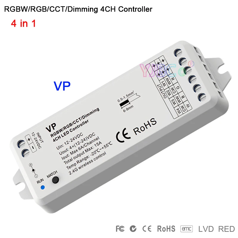 VP RF 2 4G RGBW/RGB/CCT/Dimming led контроллер DC12-24V 15.5A 4CH приемник 4 в 1 ШИМ диммер для