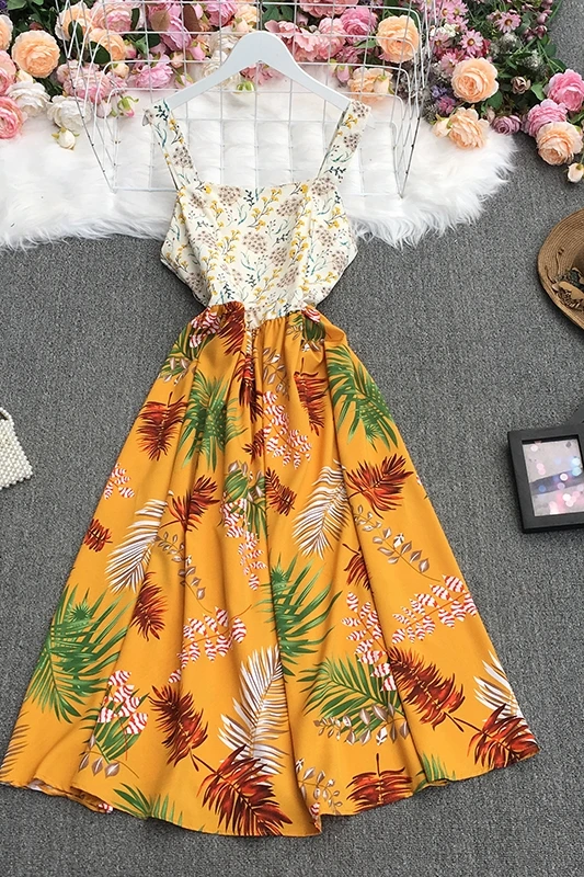 

2021 New Summer Sweet fashion sleeveless off shoulder Dress high waist pleated waist Floral Chiffon strap Dress