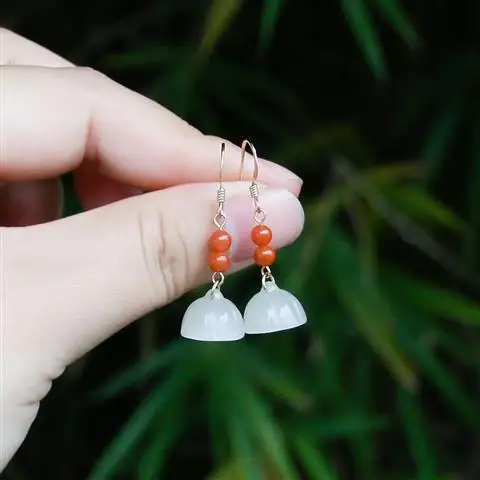 

Lotus Flower Natural Hetian Jade Lotus Root Lotus Seedpod Earrings S925 Gilded Ethnic Style Ancient Style Long Earrings Do Not F