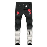 2022 jeans men hole straight destroyed flower printed denim casual ripped jeans roses design trousers pant for male large size