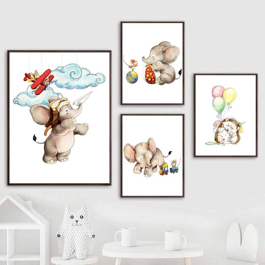 

Elephant Mouse Hedgehog Balloon Cloud Toy Plane Wall Art Canvas Painting Nordic Posters And Prints Wall Pictures Kids Room Decor