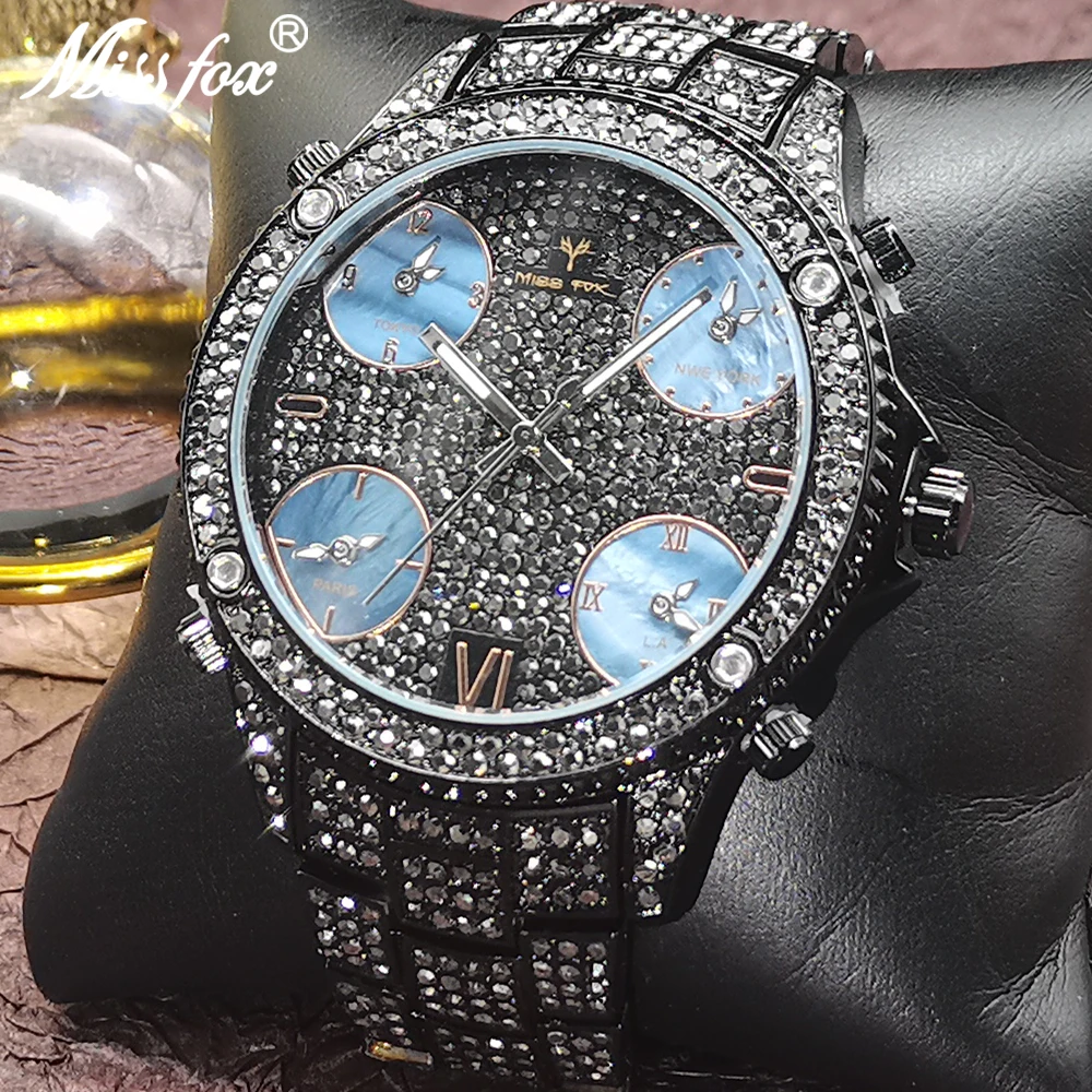 

MISSFOX Big Round Dial Men Watch High-end Iced Out Full Black Gentleman Watches Stainless Steel Hip Hop Fashion Watch Man Clocks