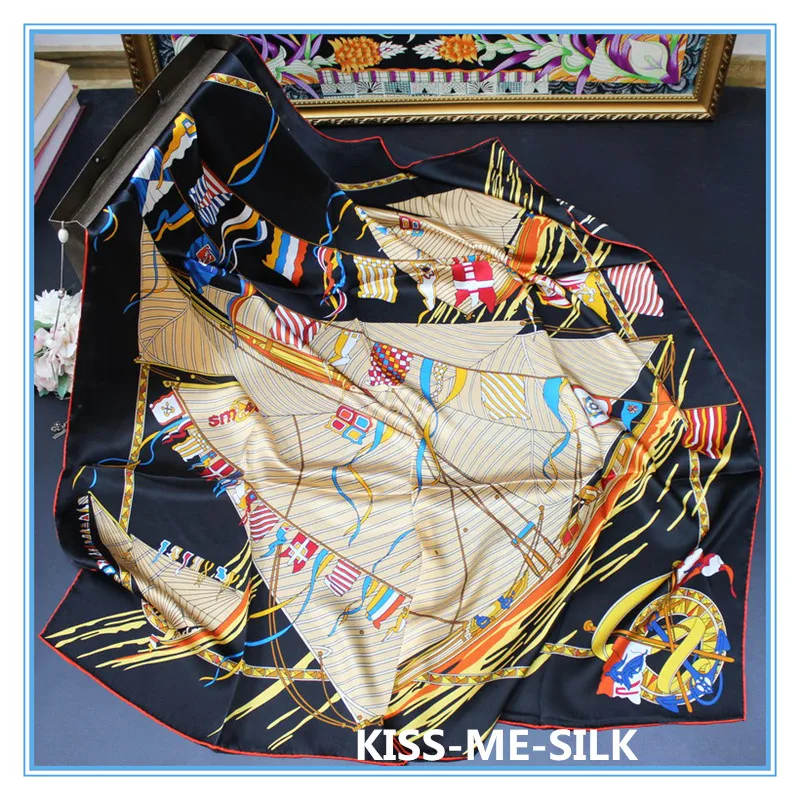 

KMS New Sailing Dream black silk plain satin big square scarf mulberry-silk scarf shawl for Girl Lady Women 110*110cm/60g