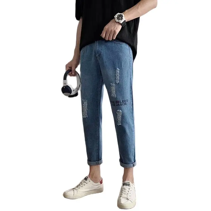 

Мужские рваные джинсы до щиколотки, светильник-голубые брюки-карго в Корейском стиле, уличная одежда для подростков, 2021