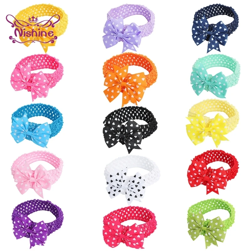 

Nishine Lovely Heart-shaped Pattern Bowknot Newborn Elastic Headband Baby Fashion Handmade Knitting Hairband Print Bows Headwear