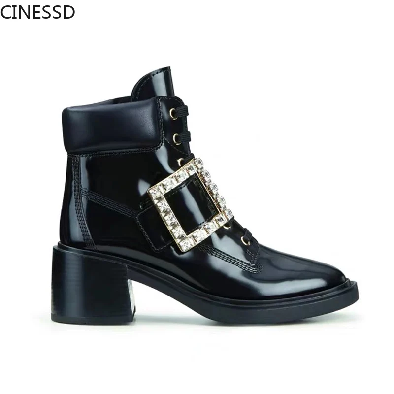 

Ladies Square Crystal Button Ankle Boot Rhinestone Design Motorcycle Martin Boots Thick Heel British Style Women Short Boots