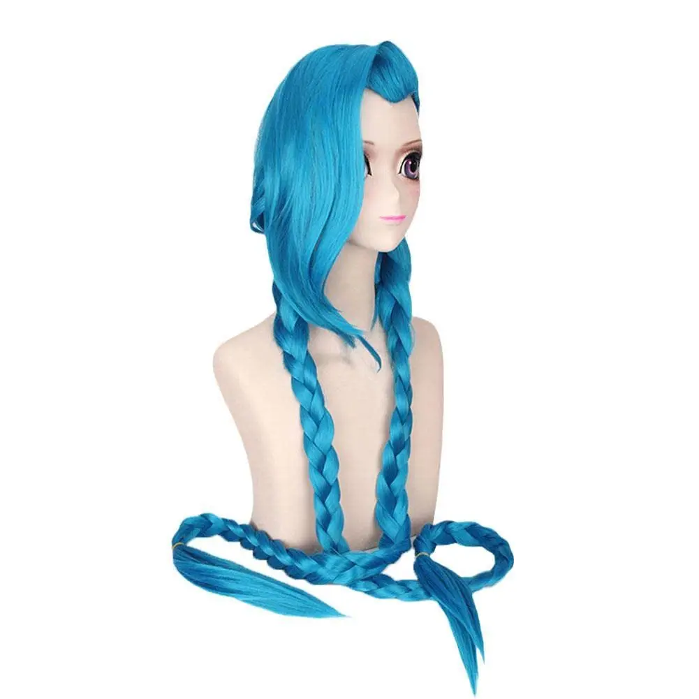 

120cm/46.8 Inches Cosplay LOL League of Legends Jinx Cos Wig Jinx Blue Loose Cannon Braid with Blue Braids Synthetic Headdress