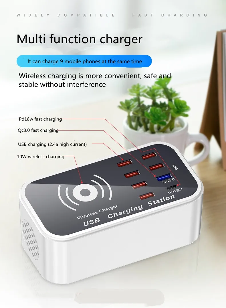 

Fast Charging Wireless Charger Multi Port USB Charging Head Smart Socket For iPhone 12 Mini Pro Max Multi-Function Charger