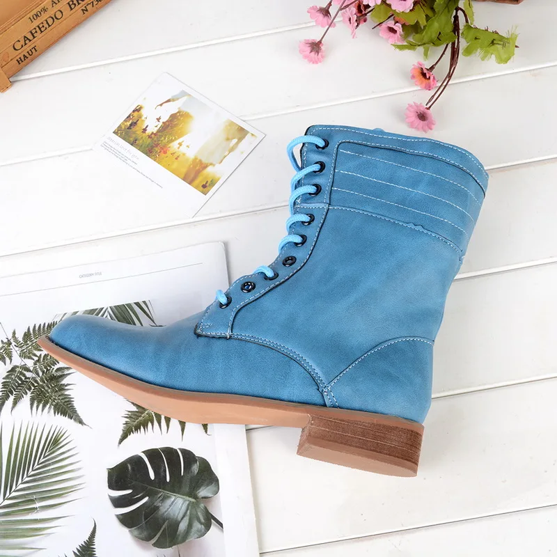 

2020 Winter Boots Women Retro Shoes Genuine Leather Boots Women Mid-calf Boot Non-Slip Lace-Up Motorcycle Botas Mujer DropShip