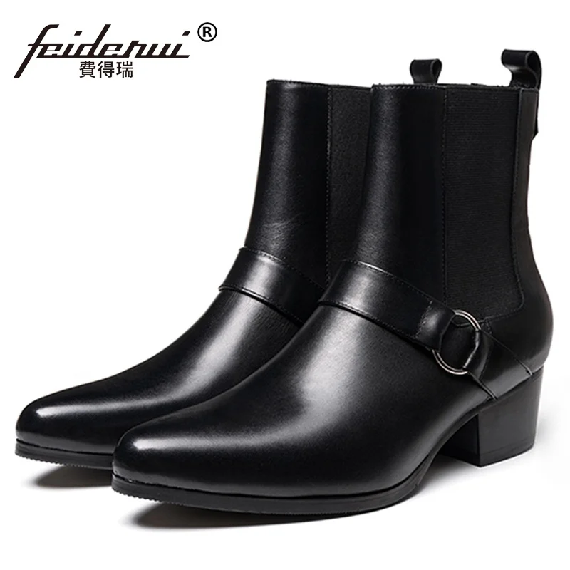 Итальянская Зимняя мужская обувь в байкерском стиле Челси на высоком каблуке