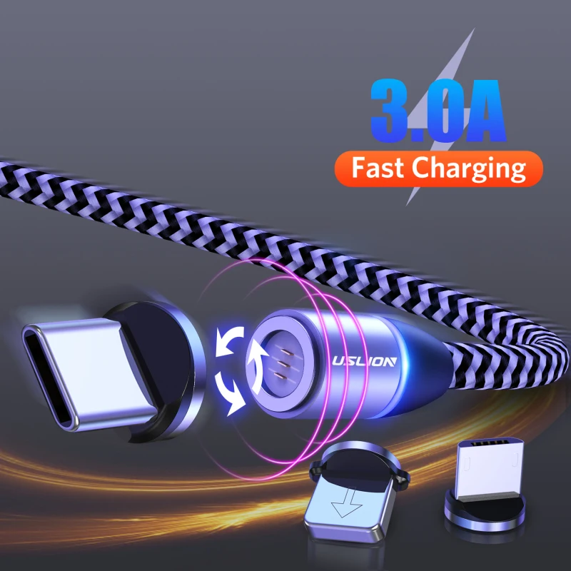 Магнитный usb кабель Type C 3A для быстрой зарядки Micro нейлоновая светодиодная оплетка