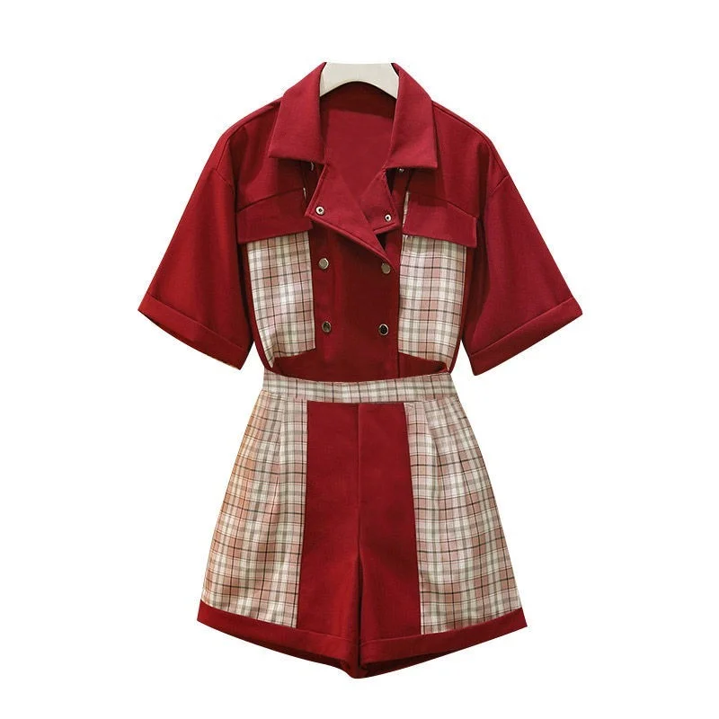 

2021 New Summer Women Fashion Suit Ladies Double Breasted Splice Plaid Tops + High Waist Wide Leg Shorts Two Pieces Set Y802