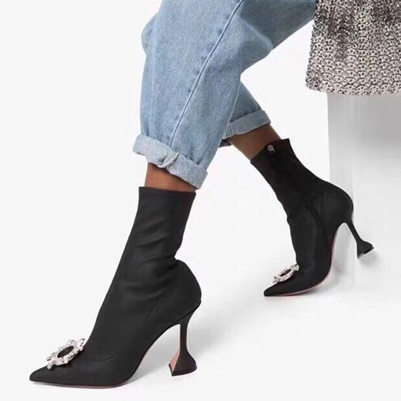 

2021 New Square buckle Knitted Socks Stretch Boots High-top Short Boots High-heeled Thin Boots Round Toe Designer Shoes