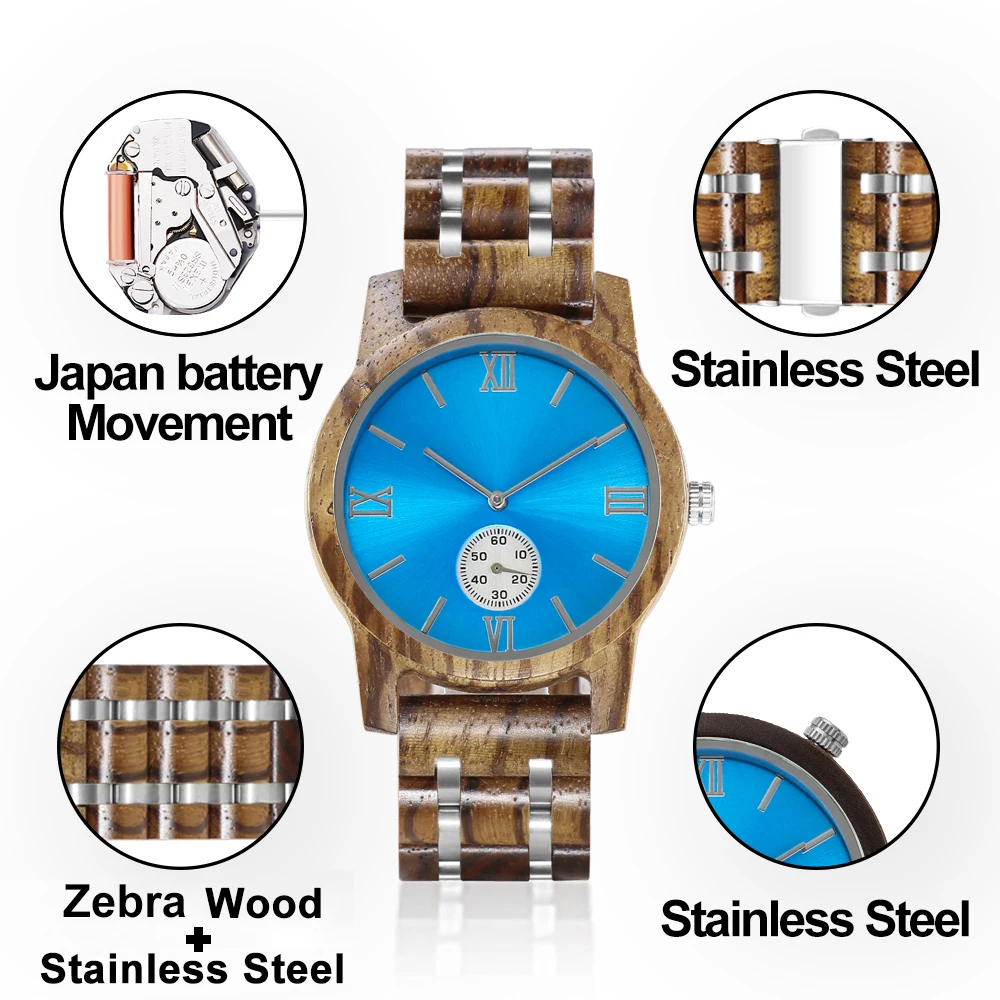 Часы мужские с гравировкой под заказ деревянные кварцевые роскошные синим