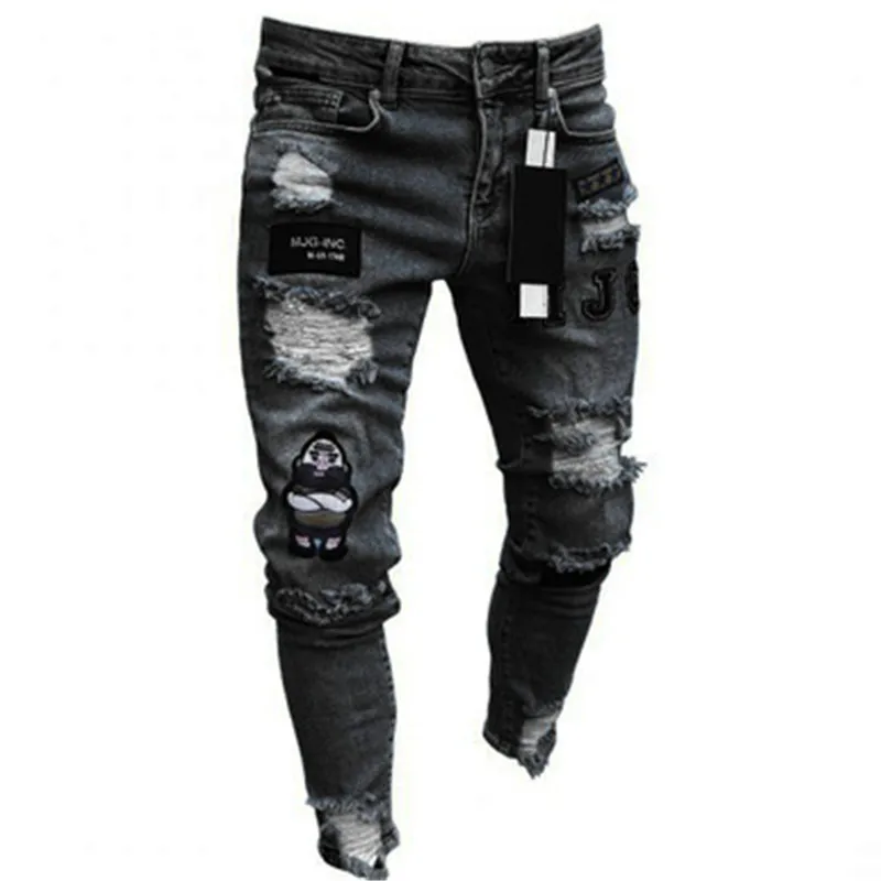 New DSQ2 Stitching Printing Men's Slim Jeans Straight Leg Motorcycle Rider Hole Pants Jeans Man
