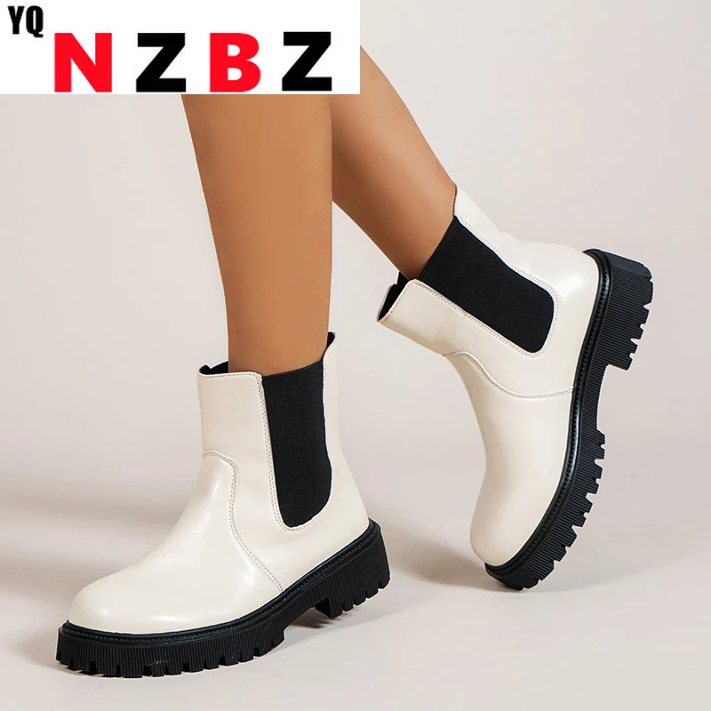 

Chelsea Boots Chunky Boots Women Winter Shoes PU Leather Plush Ankle Boots Black Female Autumn Fashion Platform Booties 2022 New