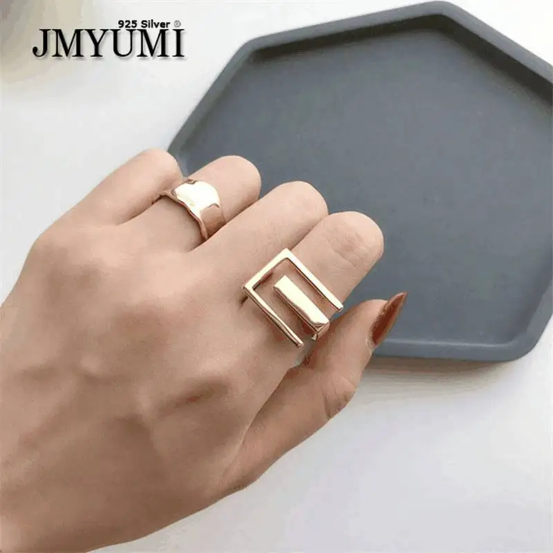 

JMYUMI 925 Sterling Silver Geometry INS Simple Ring Female Fashion Design Rectangular Hollow Flat Open Ring Jewelry