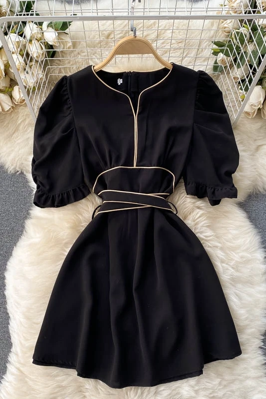 

Dress Black High Waist Short Sleeve Summer Dress O-neck Fashion Mini Dresses For Women A Line Slim Fit Female Vestido With Belt