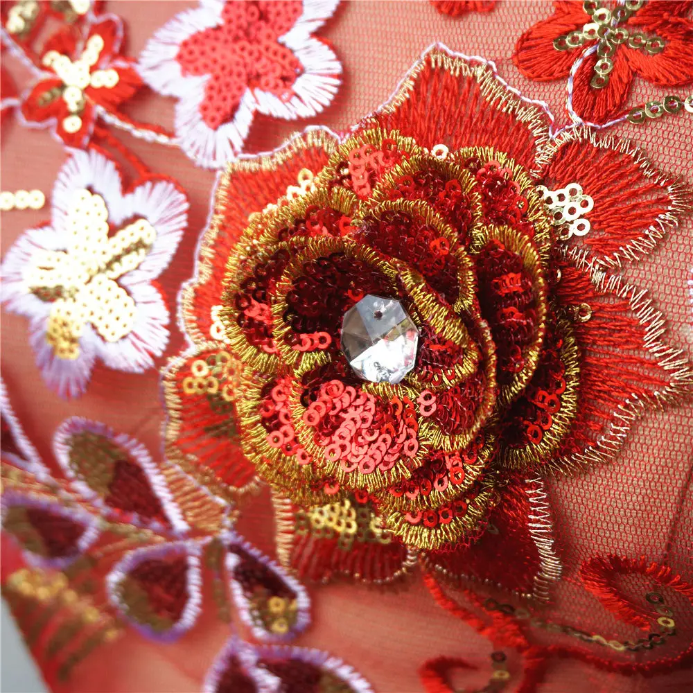 Красные золотые блестки перо цветок вышитая аппликация кружевной тканевый