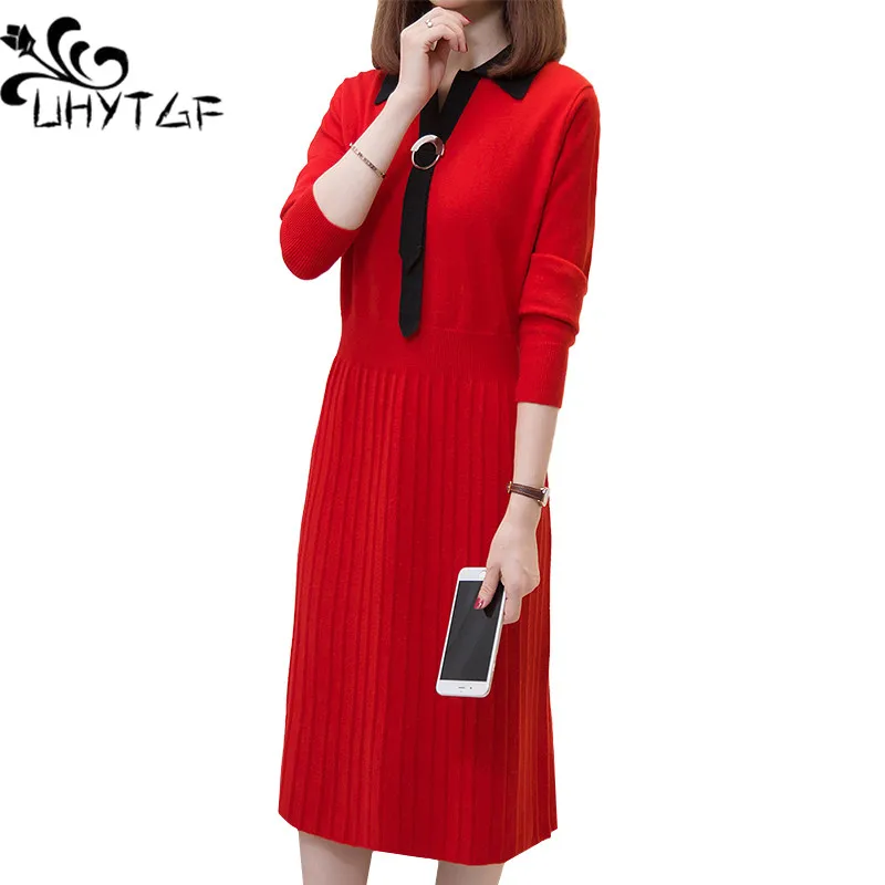 

Трикотажное платье-свитер UHYTGF, Женский пуловер с длинным рукавом, осенне-зимнее платье, женское красное, черное, облегающее платье-свитер ра...