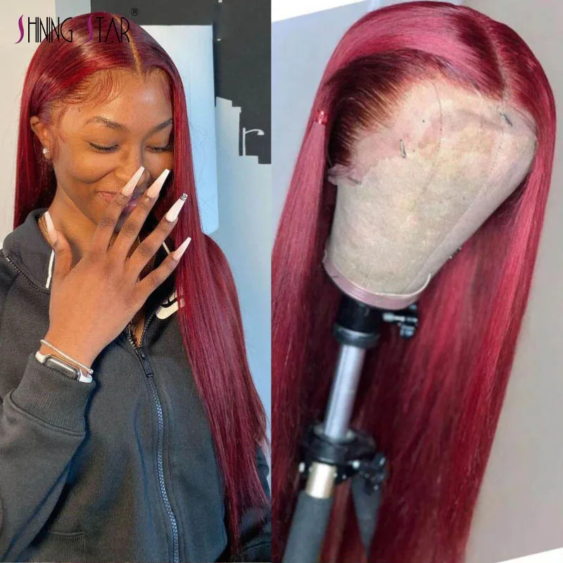 

Colored 99J Burgundy Lace Front Wig Peruvian Bone Straight Human Hair Wig Transparent Lace Front Wig PrePluck Ombre Red Wig Remy