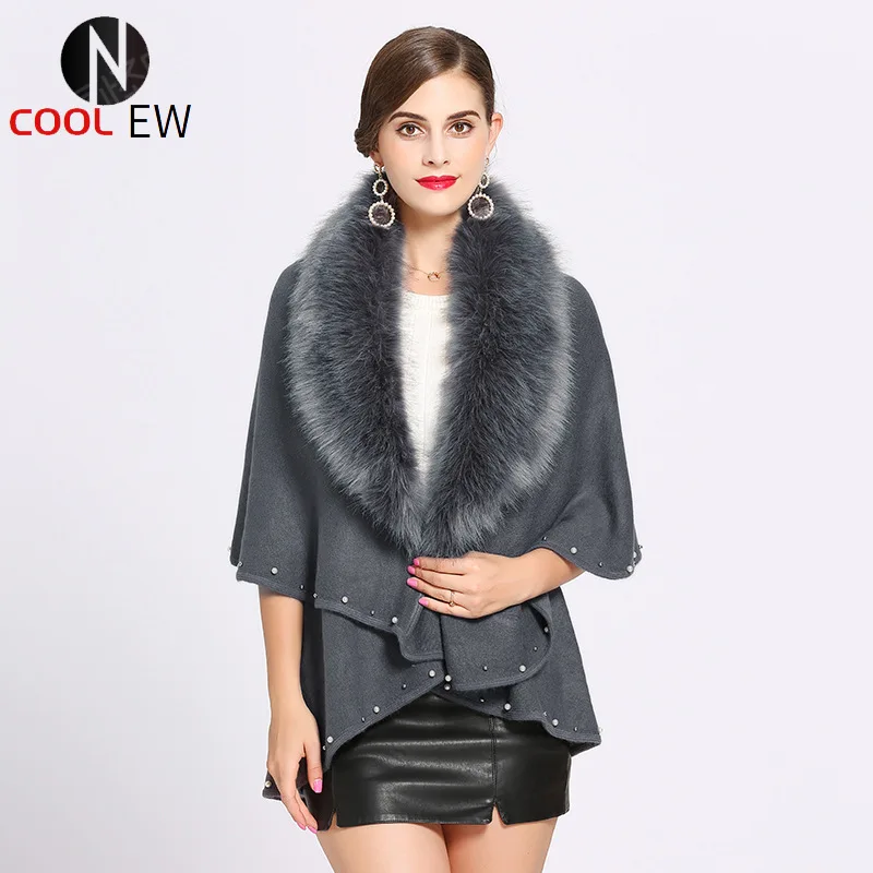 

Womens 2021 Spring Shawl European American Style High Street Imitation Fox Fur Collar Pearl Embroidered Double Cloak All Code