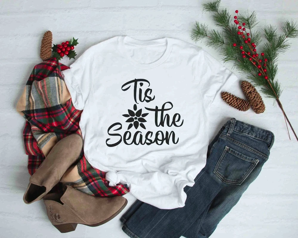 Тис сезона рождественские рубашки Зимние простые слово смешной надписью Женская