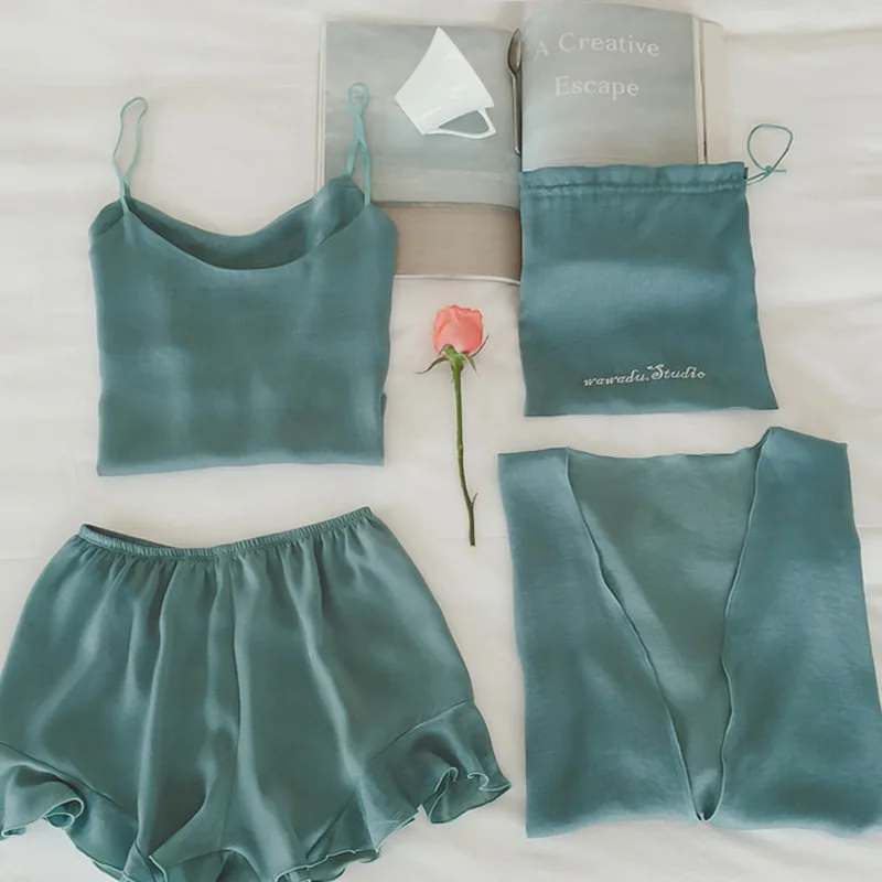 Women Pajamas Set New Sexy silk suspender shorts in sleeve  Sleepwear Casual Homewear Female plus size Pyjamas 4-piece set