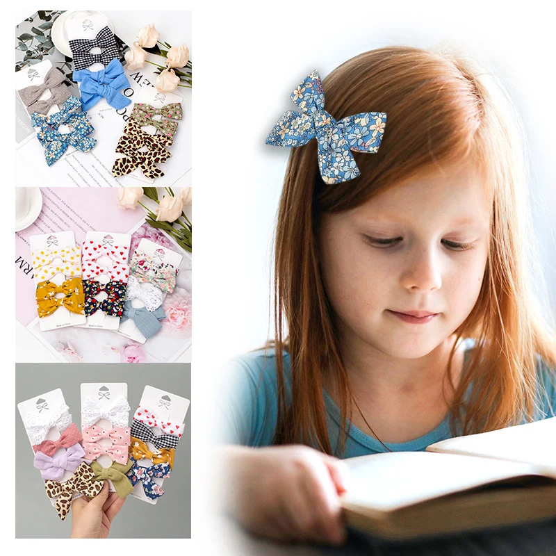 4 unids/set ropa de algod&oacute;n impreso leopardo lazo pelo Clips lindo pasadores para ni&ntilde;as de seguridad horquillas sombreros Ni&ntilde;os Accesorios para el pelo-2