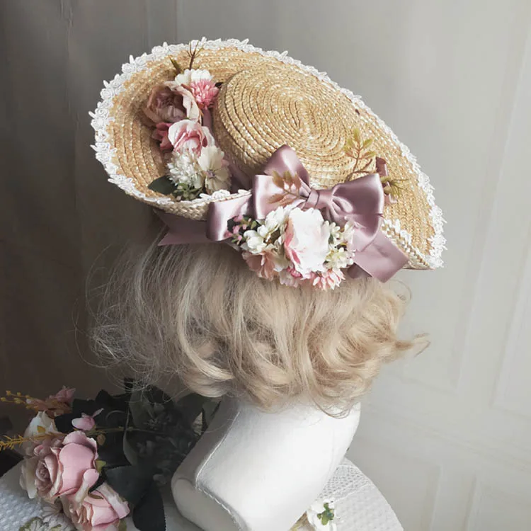 

European Elegant Retro Lolita Straw Hat Mori Girl Bowknot Flower Sun Hat Cosplay Antiquity Tea Party Flower edge curl Cap Hat