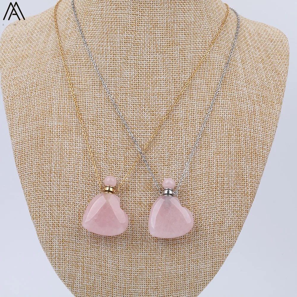 Естественная форма сердца розовая кварцевая подвеска в виде бутылочки парфюма