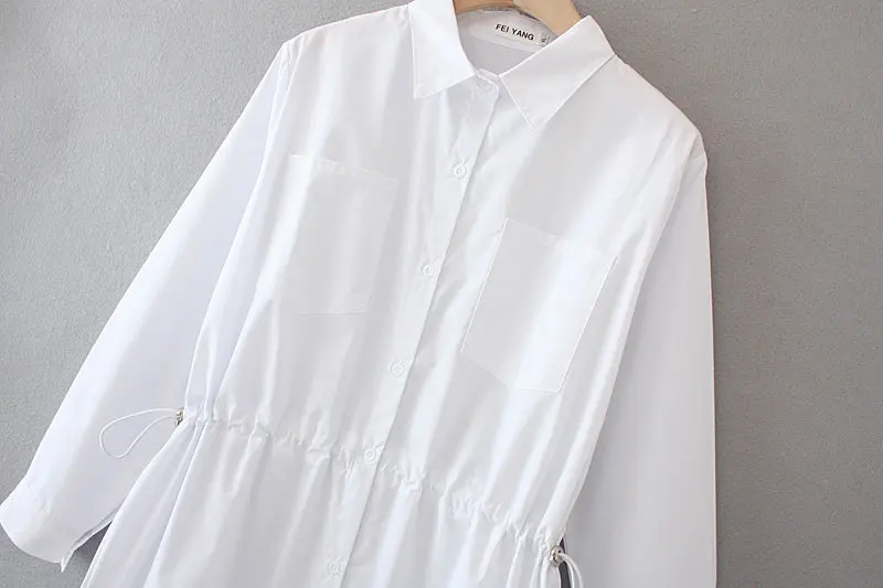 Женская белая блузка с карманами и тонкой талией новинка 2020 весенне осенние