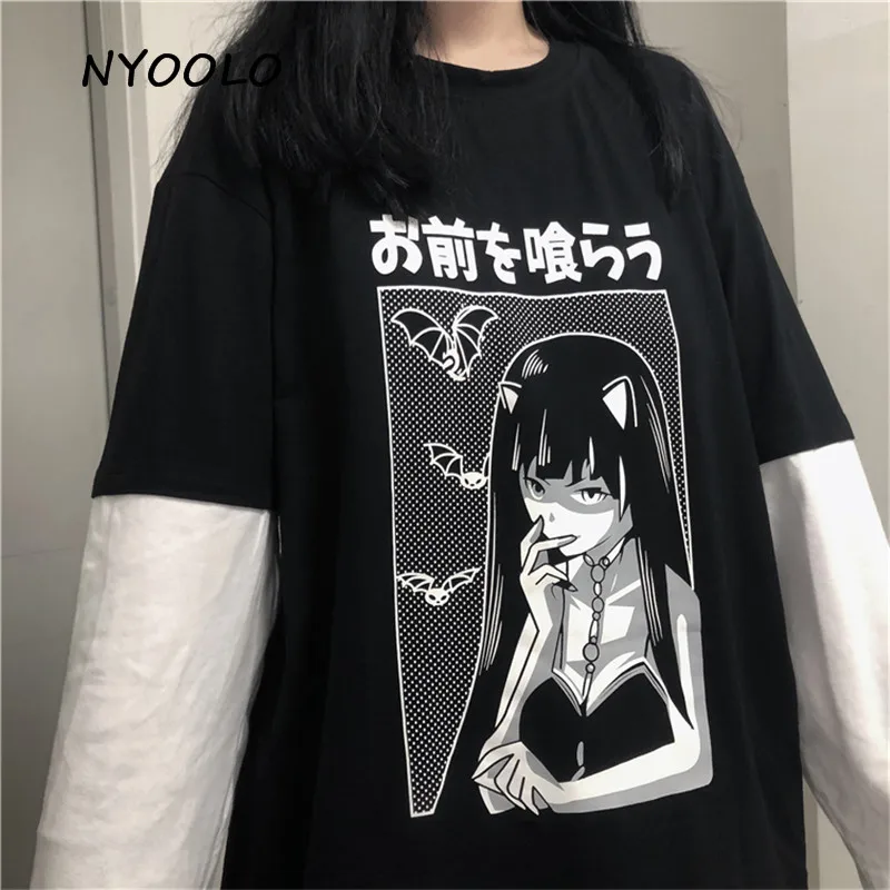 NYOOLO Harajuku стиль Манга Девушка японский с буквенным принтом топы Поддельные из двух частей Лоскутная футболка с длинными рукавами женская мужская одежда Топ