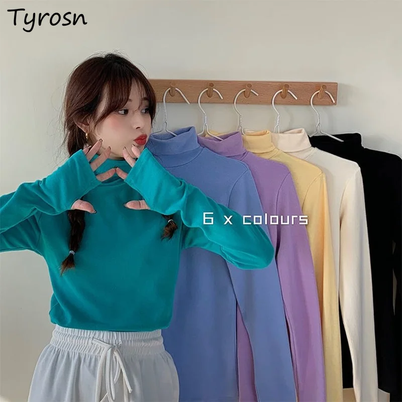 

Women Turtleneck T-shirts 6 Colors Thicken Spring Autumn All Match Bottoming Tees Students Fashion Leisure Streetwear Tops Retro