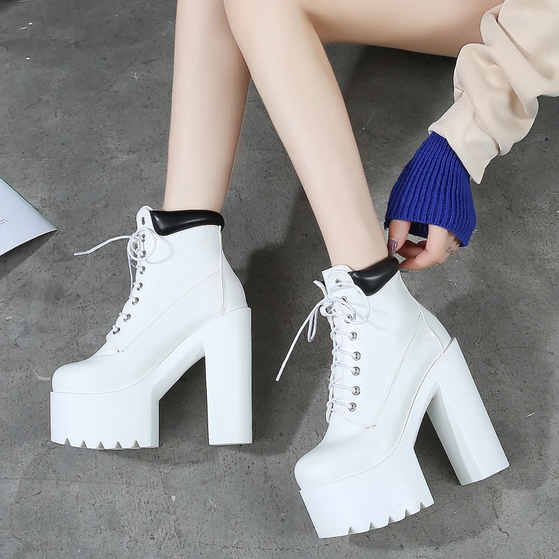 Autumn Winter Shoes Platform Womens High Heel Boots Leather Dress White Black Highheels Boots Chunky Platform Cowboy Boots