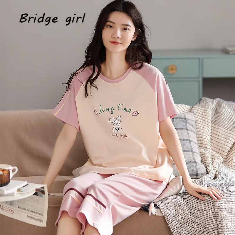 

Summer Sleepwear women's Cotton Korean Pajamas For Women Fashion Short Sleeve Trousers Nightie Printing Soft Loose Home Clothes