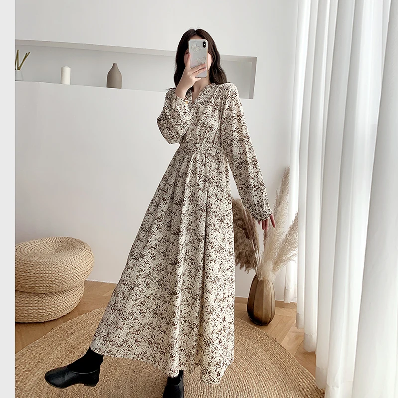 Осеннее женское платье винтажное трапециевидной формы с цветочным рисунком