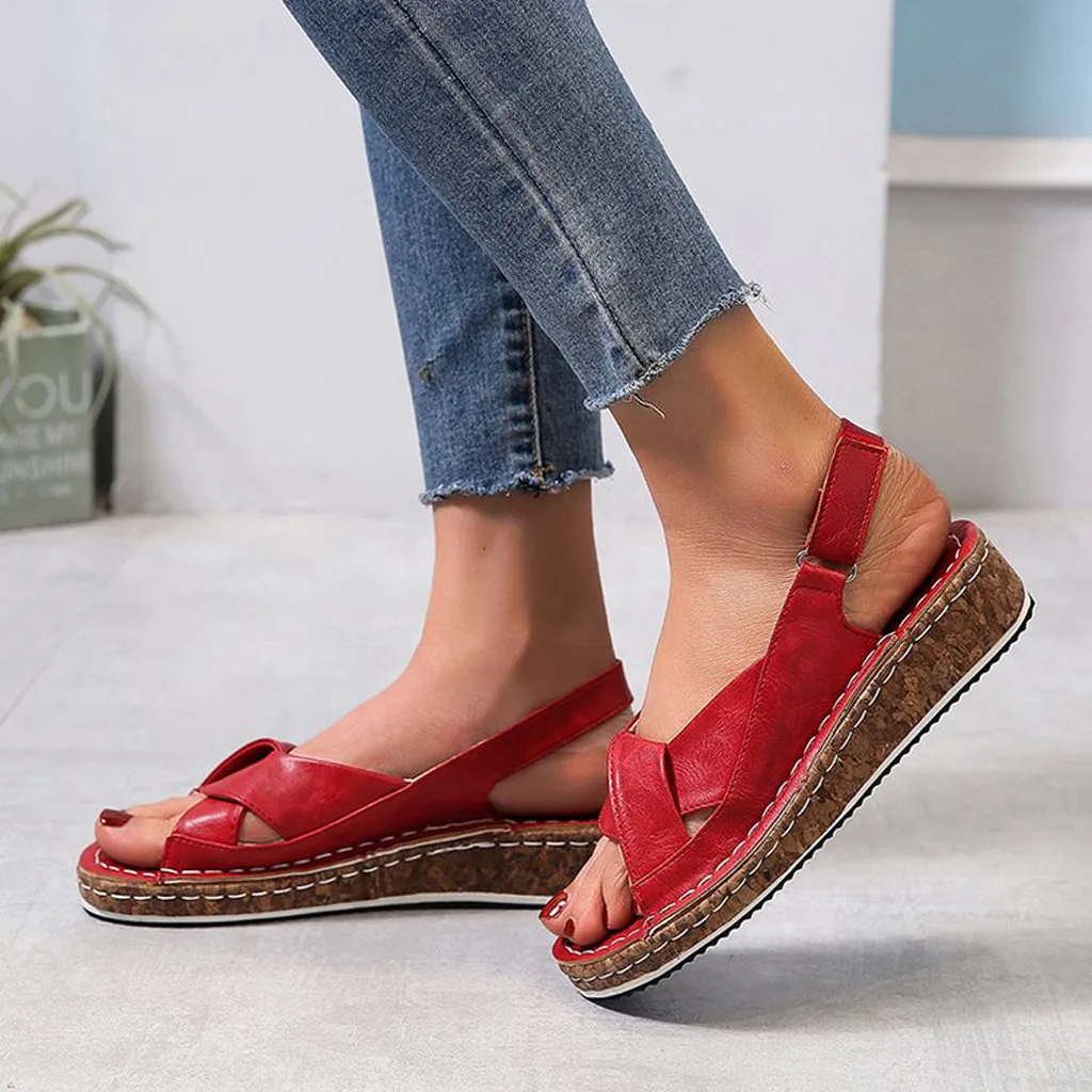 

Women's Sandals Retro Solid Wedges Shoes For Woman Ladies Summer Beach Peep Toe Buckle Strap Sandalias Mujer Casual Shoes Femme