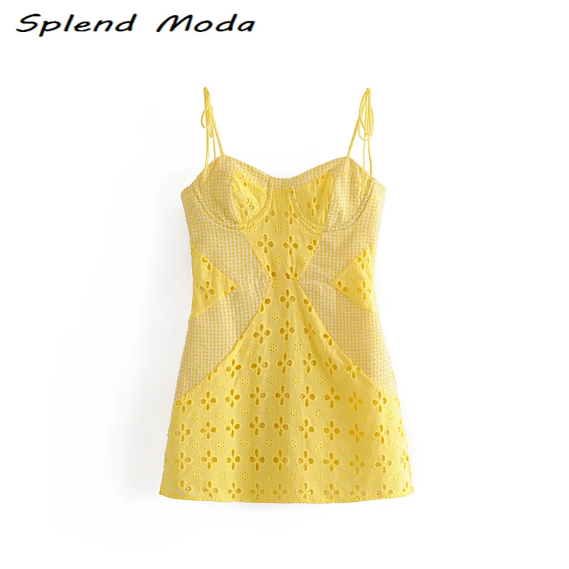 

Splend Moda New Fashion Summer Sexy Cotton Dress Female Sweet Style Lace Cutout Pattern Stitching Thin Sling Mini Dresses Woman