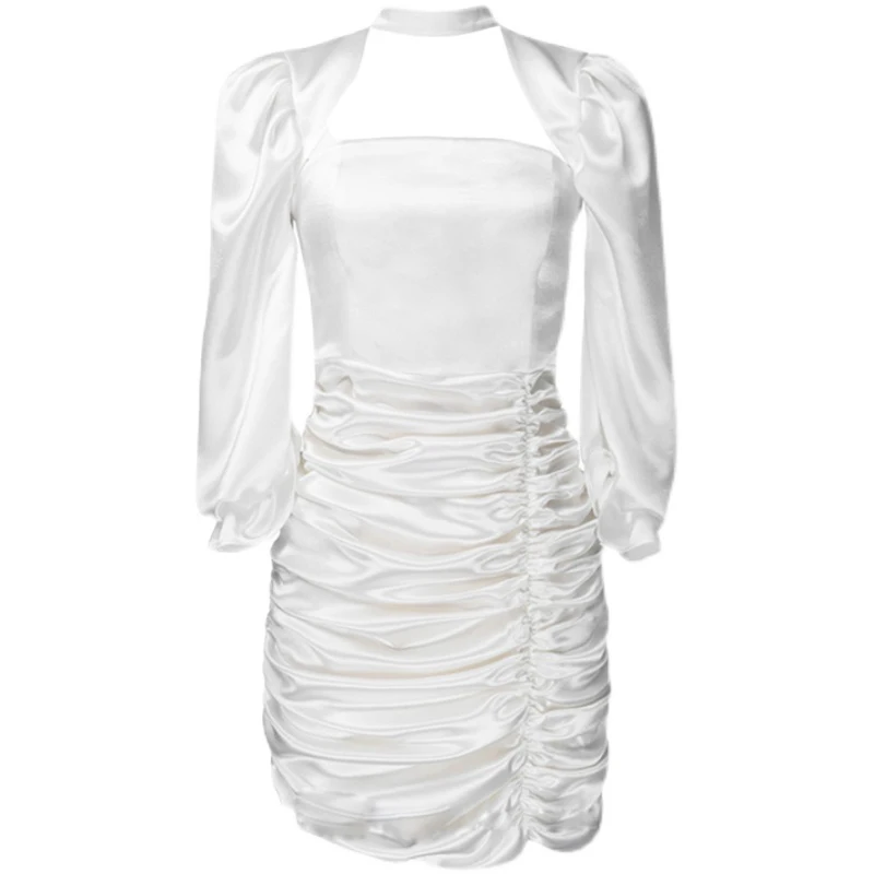 

DEAT 2021 New Women Fashion Slim Sexy White Slash Neck Puff Sleeve Folds Asymmetrical Backless High Waist Dress Summer 7E912