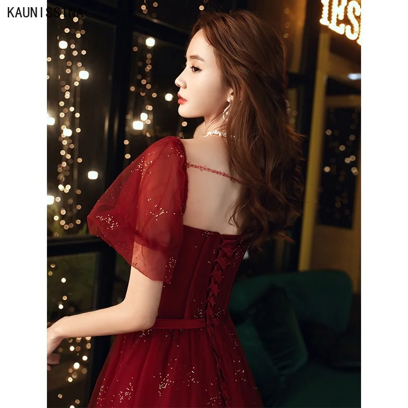 

KAUNISSINA New Elegant Evening Dress Plus Size Square Collar A-Line Short Sleeve Shining Prom Gown Women Formal Occasian Dresses
