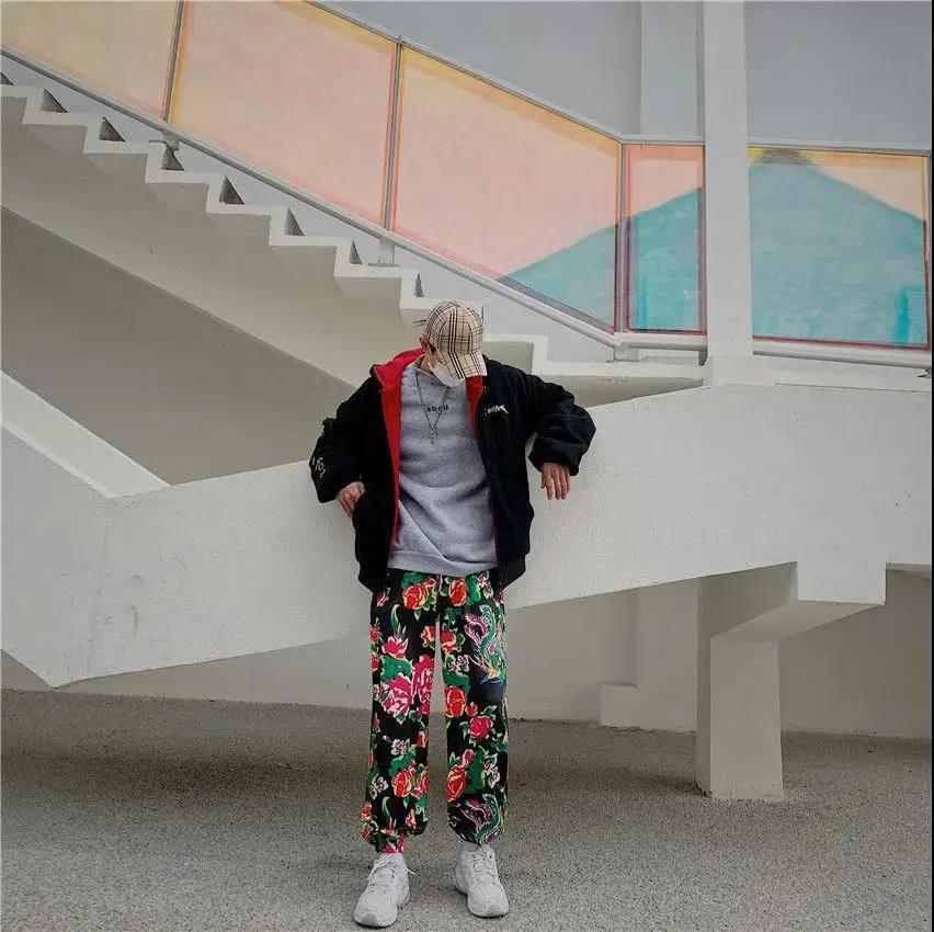 

Chinese tradition Color Harem Pants Unisex Women Man Streetwear Flower Printing Pants Hip Hop Harajuku Super Hot Casual Pants