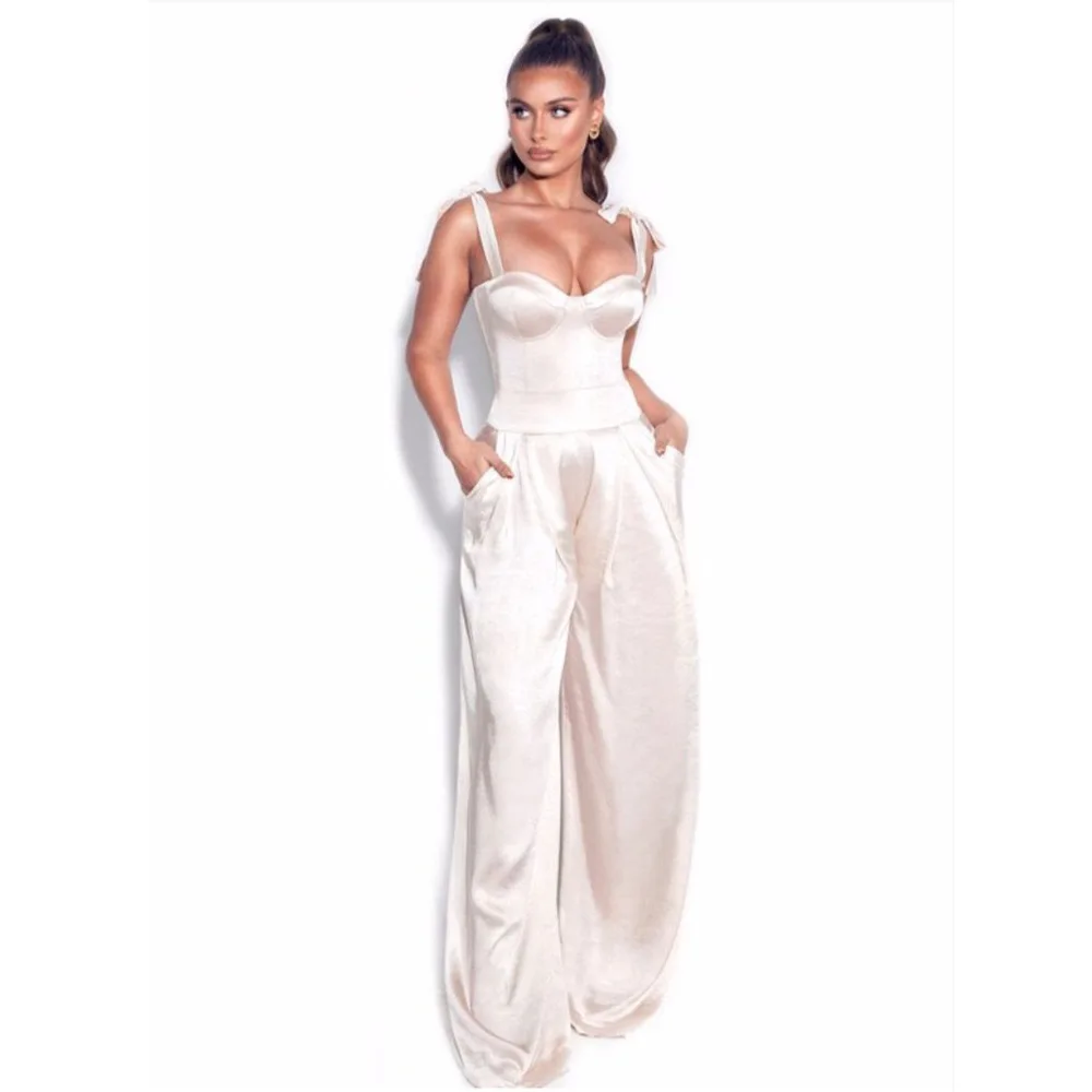 

European and American Sexy Sling Straps Waist Wide-Leg Satin Jumpsuit